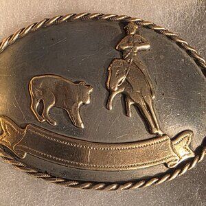 Vintage Metal Belt Buckle, Brass and Nickel Silver, Calf Roping, Rodeo, Nice